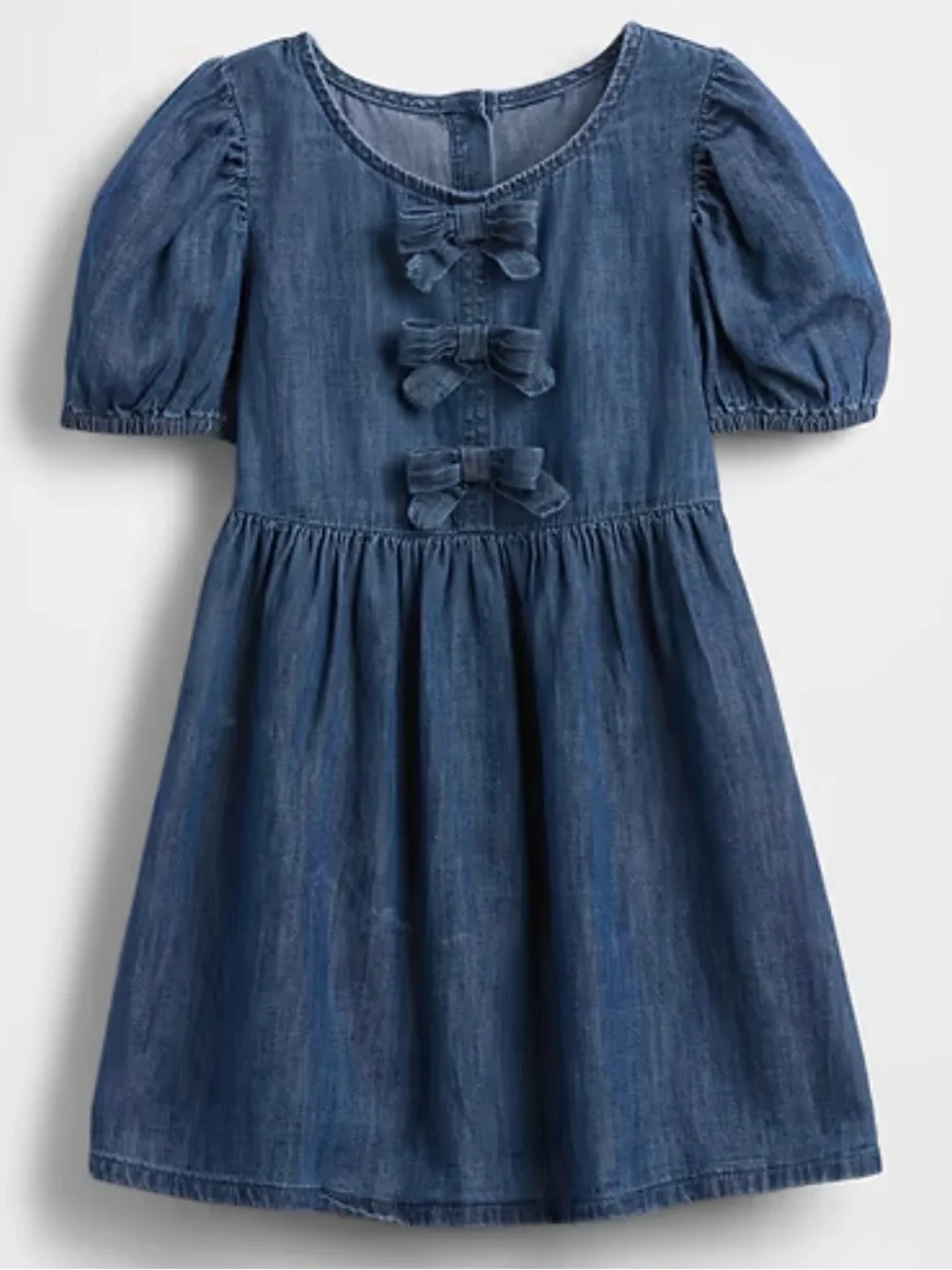 GAP Kids Denim Puff-Sleeve Bow Dress in Medium Wash, Girls XXL 14-16
